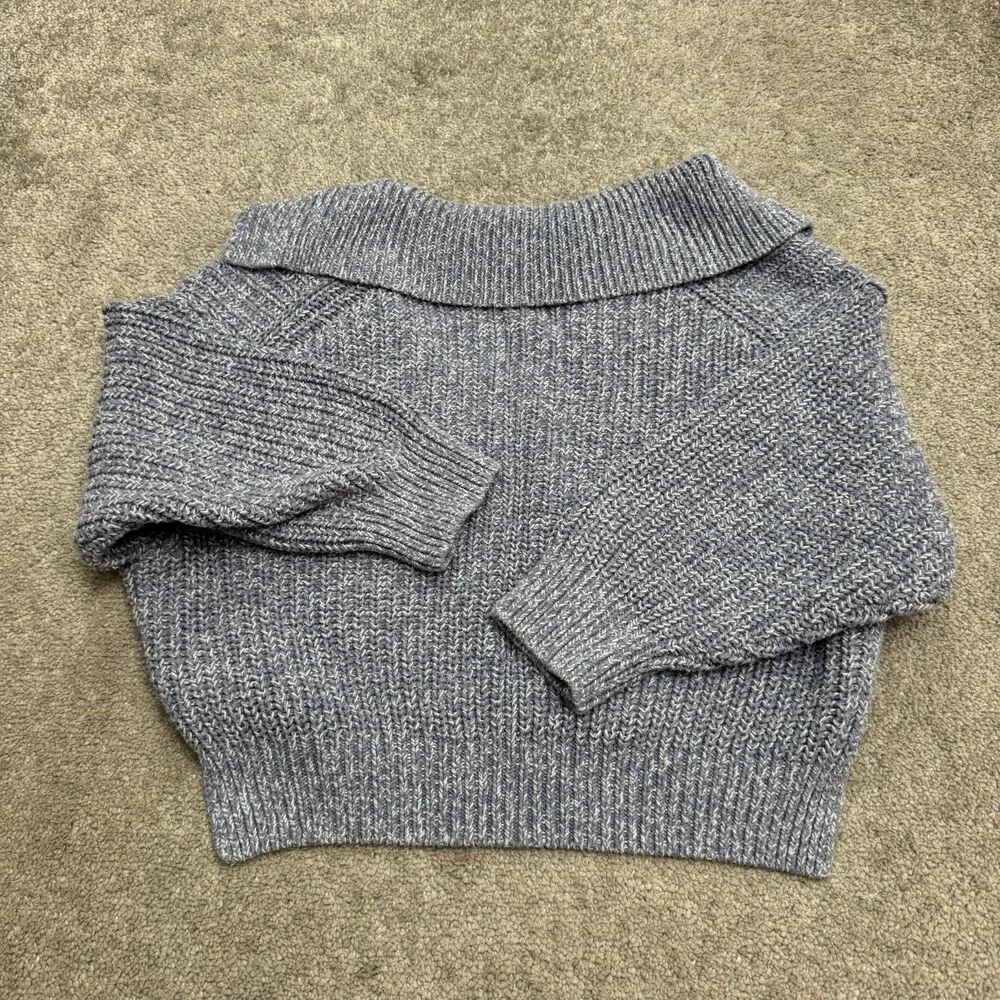 Free People Chunky Cotton Blend Collared V-Neck Sweater Women XS Blue LongSleeve